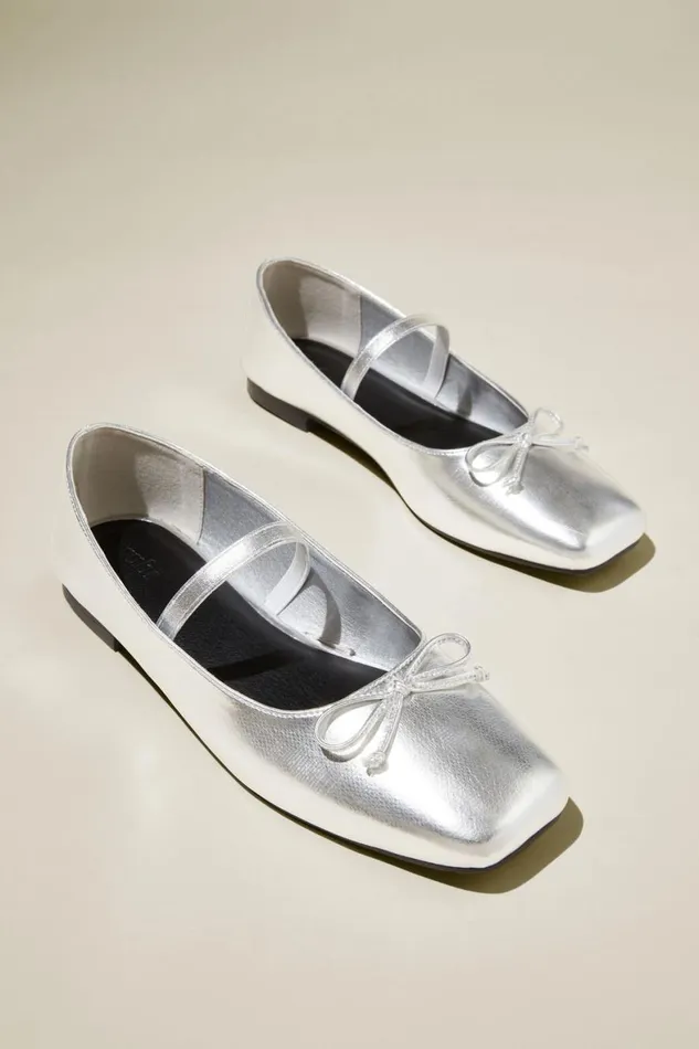 Women Shoes and Slippers Cotton On Gia Square Ballet Silver Metallic Vegan Leather