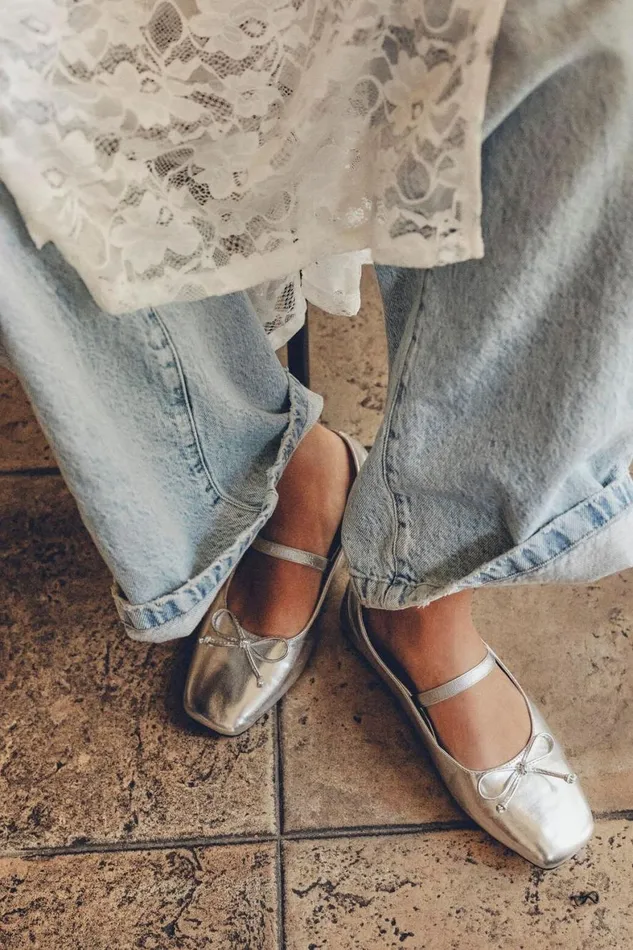 Women Shoes and Slippers Cotton On Gia Square Ballet Silver Metallic Vegan Leather