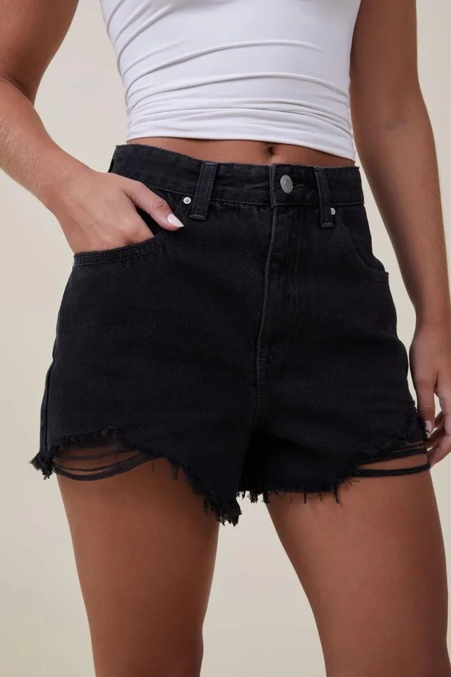 Women Skirts and Shorts Cotton On High Mom Denim Short Graphite Black Rip