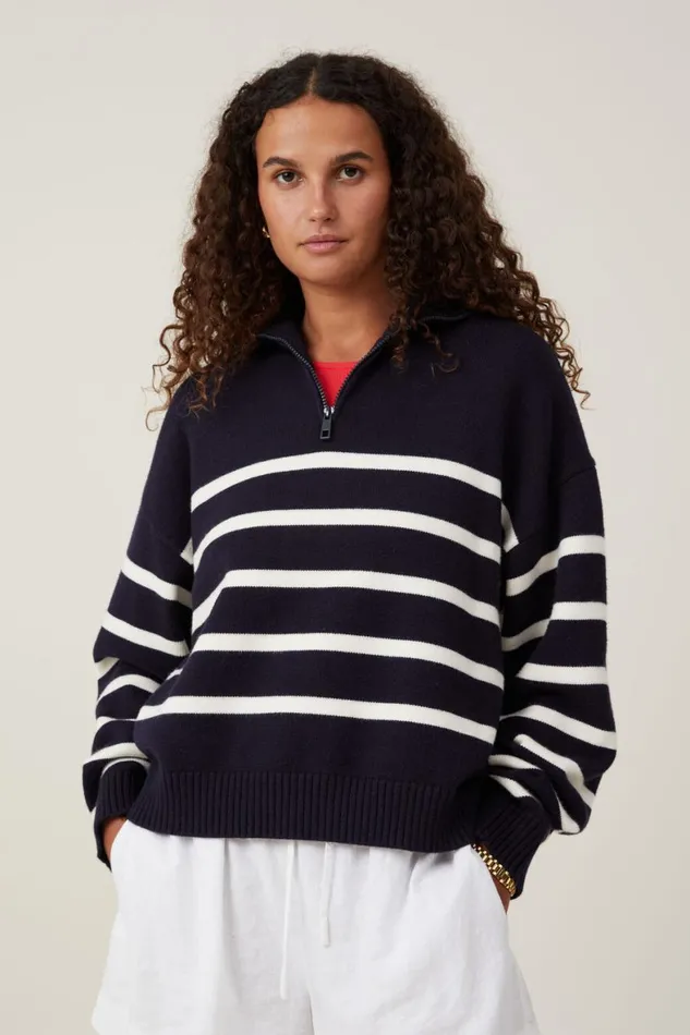 Women Sweaters and Cardigans Cotton On Cape Cod Half Zip Knit Winter Night White Stripe