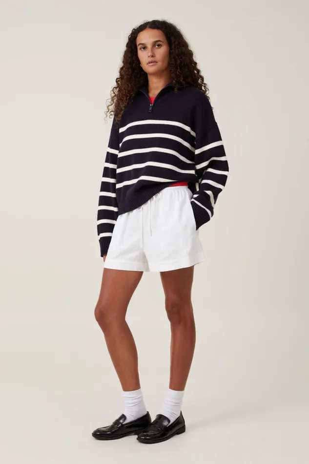 Women Sweaters and Cardigans Cotton On Cape Cod Half Zip Knit Winter Night White Stripe