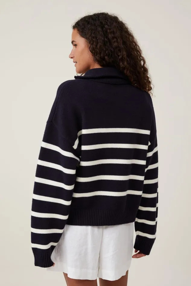 Women Sweaters and Cardigans Cotton On Cape Cod Half Zip Knit Winter Night White Stripe