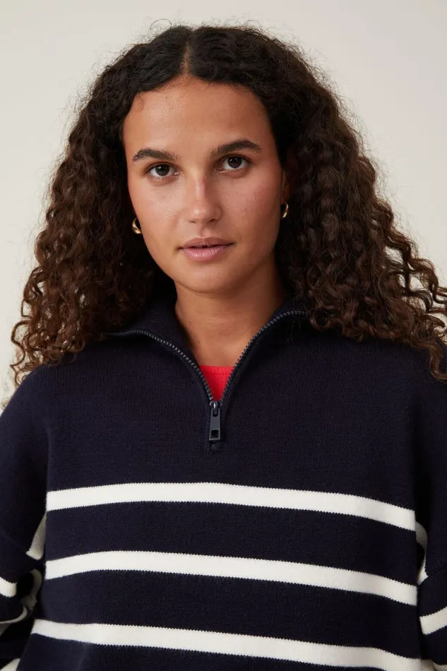 Women Sweaters and Cardigans Cotton On Cape Cod Half Zip Knit Winter Night White Stripe