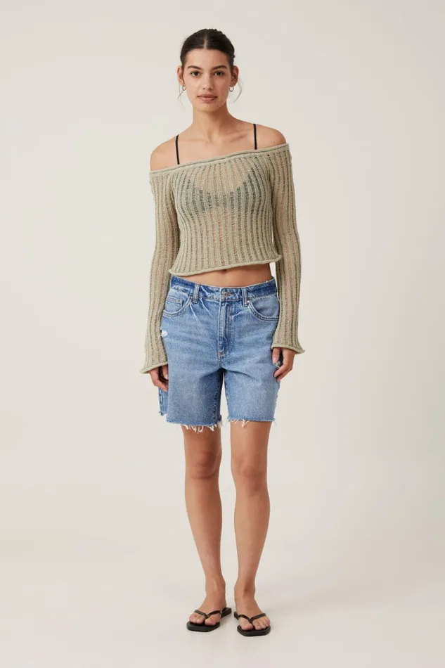 Women Sweaters and Cardigans Cotton On Ladder Knit Off Shoulder Pullover Desert Sage