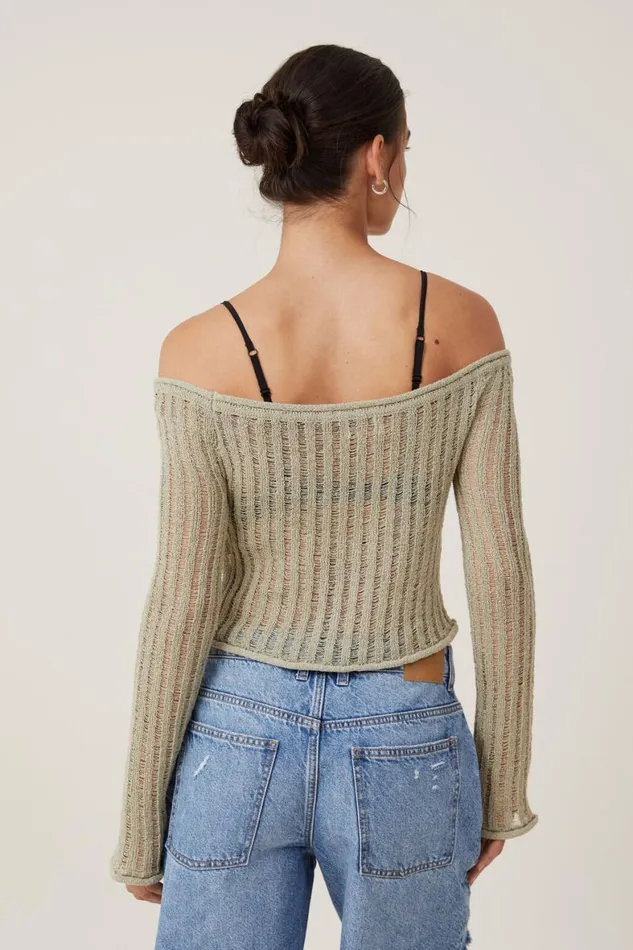 Women Sweaters and Cardigans Cotton On Ladder Knit Off Shoulder Pullover Desert Sage