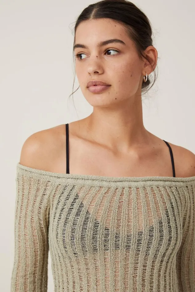 Women Sweaters and Cardigans Cotton On Ladder Knit Off Shoulder Pullover Desert Sage