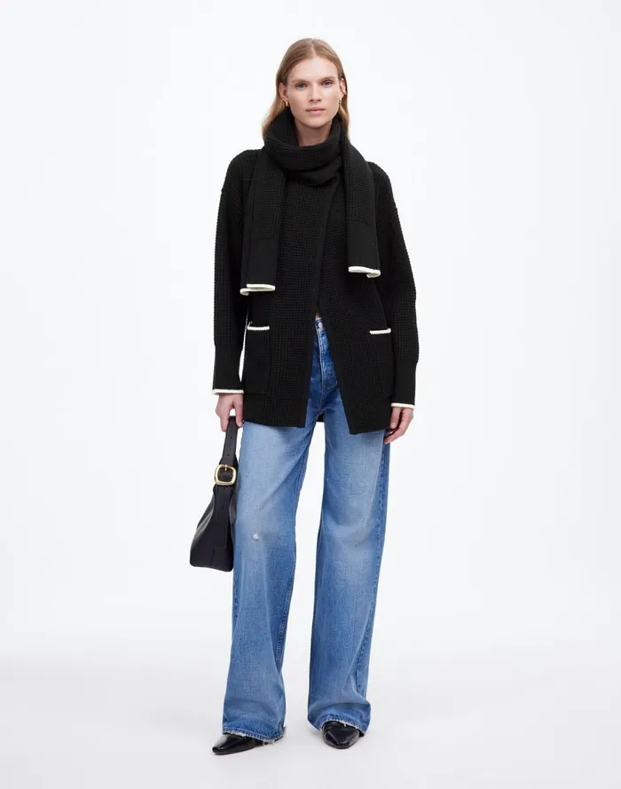 Women Sweaters Madewell Merino WoolBlend Scarf Sweater Jacket Black Combo