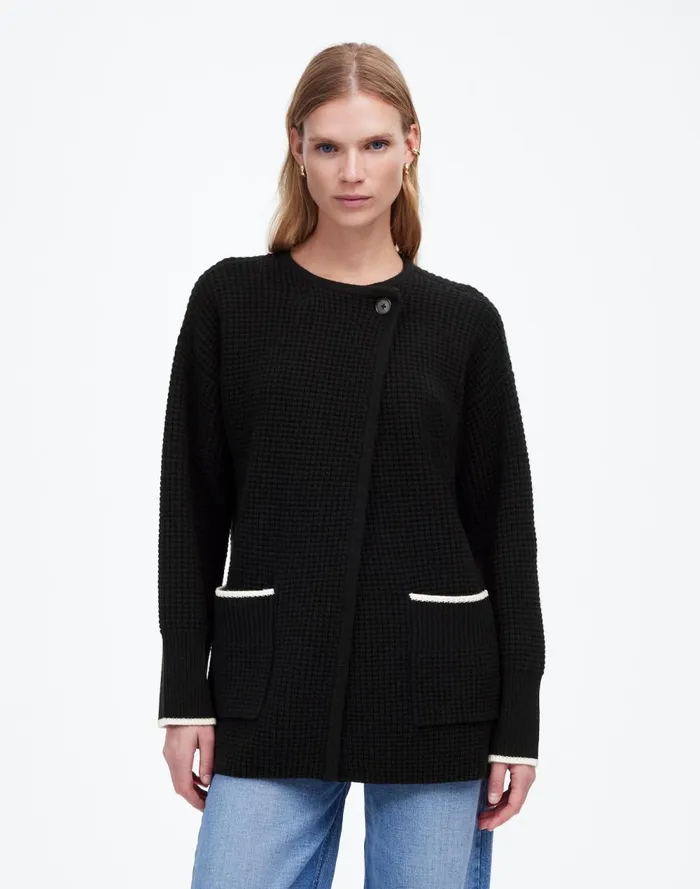 Women Sweaters Madewell Merino WoolBlend Scarf Sweater Jacket Black Combo