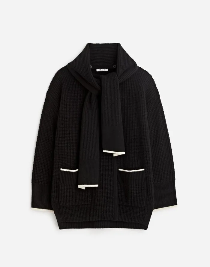 Women Sweaters Madewell Merino WoolBlend Scarf Sweater Jacket Black Combo