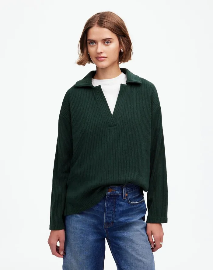 Women Sweaters Madewell Relaxed LongSleeve Polo Tee Hthr Obsidian