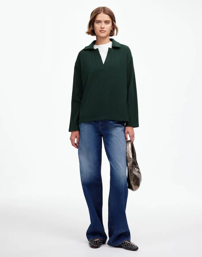 Women Sweaters Madewell Relaxed LongSleeve Polo Tee Hthr Obsidian