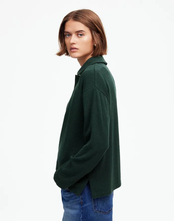Women Sweaters Madewell Relaxed LongSleeve Polo Tee Hthr Obsidian