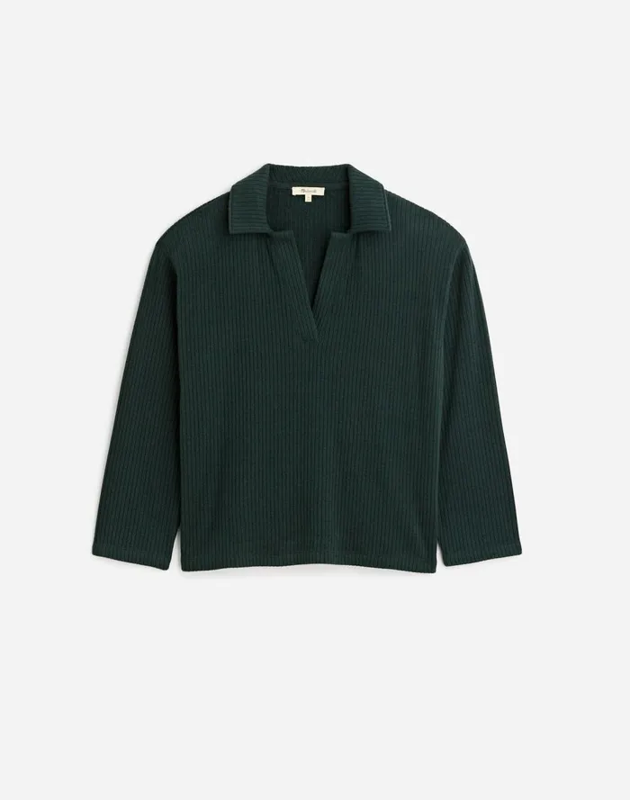 Women Sweaters Madewell Relaxed LongSleeve Polo Tee Hthr Obsidian