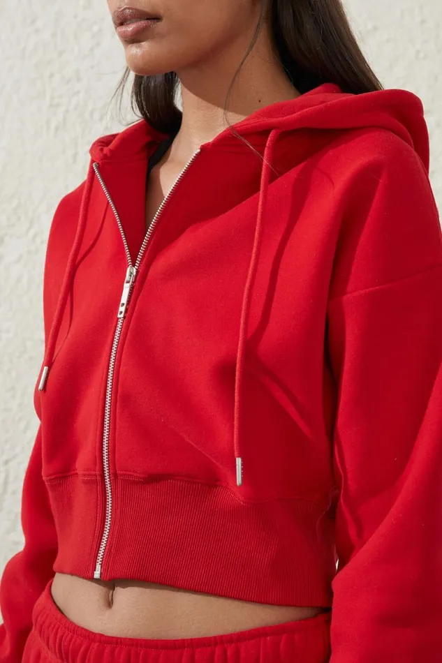 Women Sweats and Hoodies Cotton On Plush Essential Cropped Zip Through Apres Red