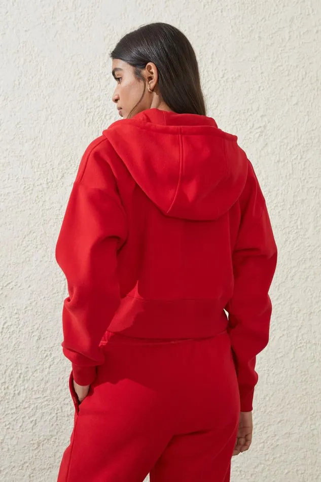 Women Sweats and Hoodies Cotton On Plush Essential Cropped Zip Through Apres Red