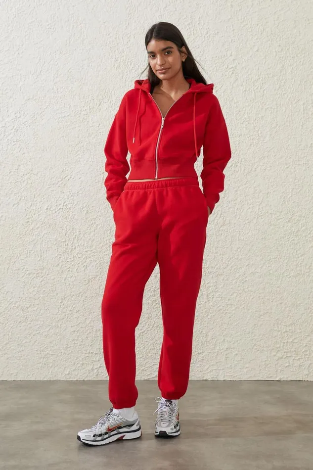 Women Sweats and Hoodies Cotton On Plush Essential Cropped Zip Through Apres Red