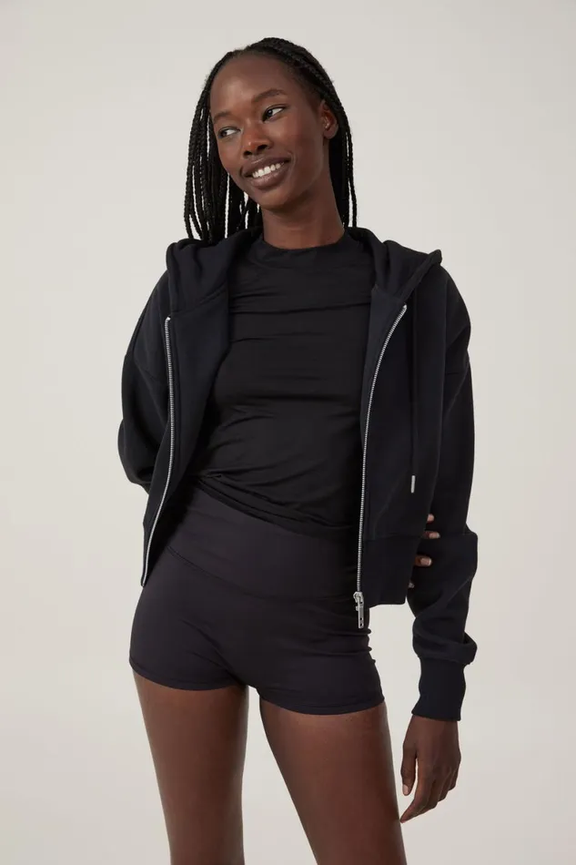Women Sweats and Hoodies Cotton On Plush Essential Cropped Zip Through Black