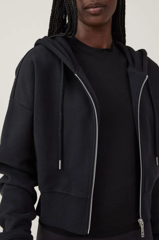 Women Sweats and Hoodies Cotton On Plush Essential Cropped Zip Through Black