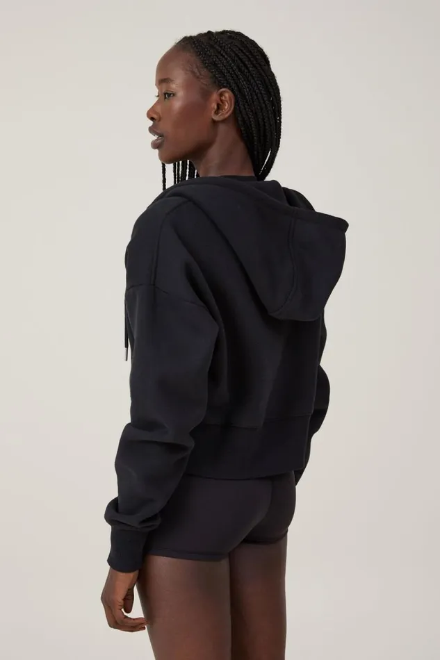 Women Sweats and Hoodies Cotton On Plush Essential Cropped Zip Through Black