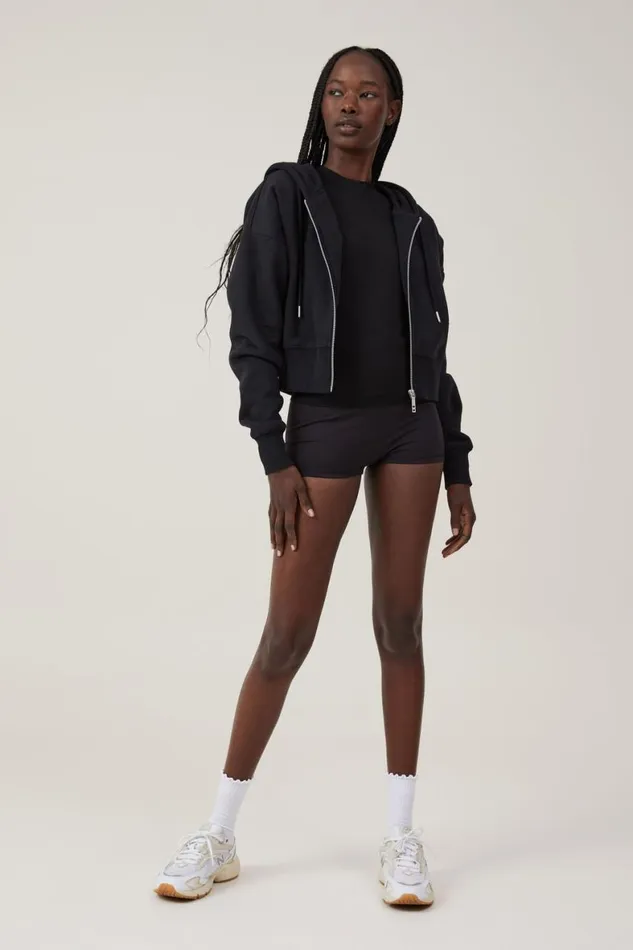 Women Sweats and Hoodies Cotton On Plush Essential Cropped Zip Through Black