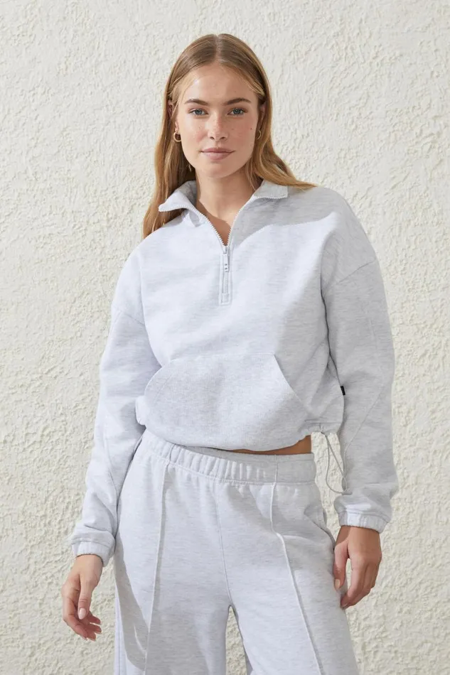 Women Sweats and Hoodies Cotton On Plush Rib Cropped Half Zip Jumper Cloudy Grey Marle