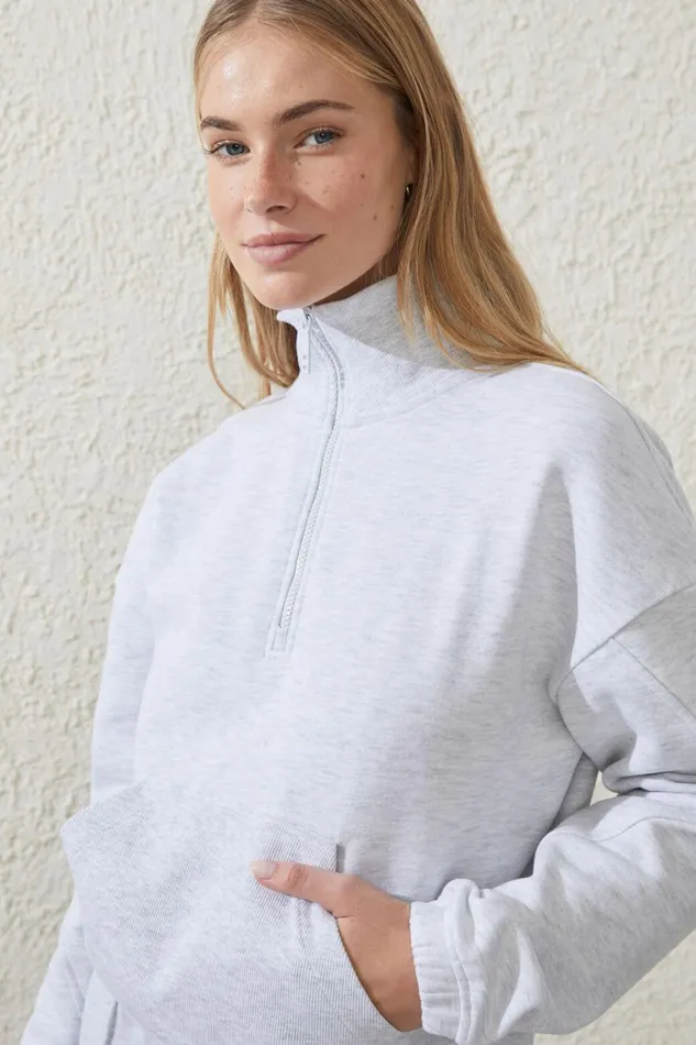 Women Sweats and Hoodies Cotton On Plush Rib Cropped Half Zip Jumper Cloudy Grey Marle