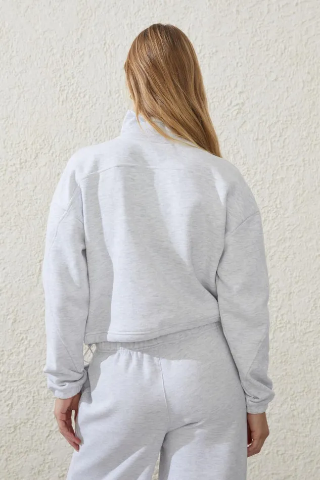 Women Sweats and Hoodies Cotton On Plush Rib Cropped Half Zip Jumper Cloudy Grey Marle