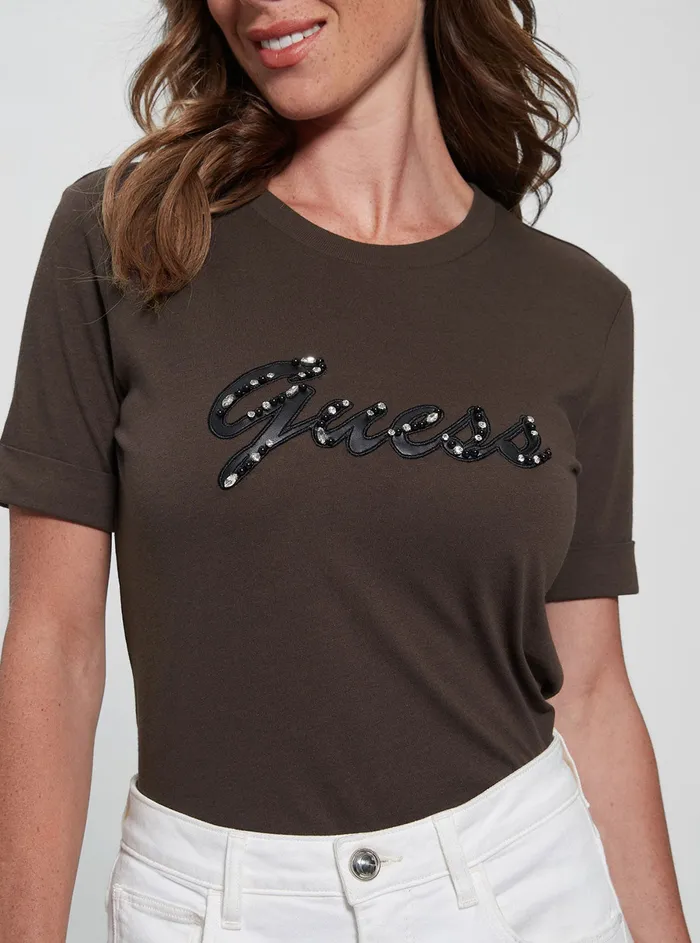 Women Tees and Tanks GUESS Eco Brown Java Nichita Logo Tshirt