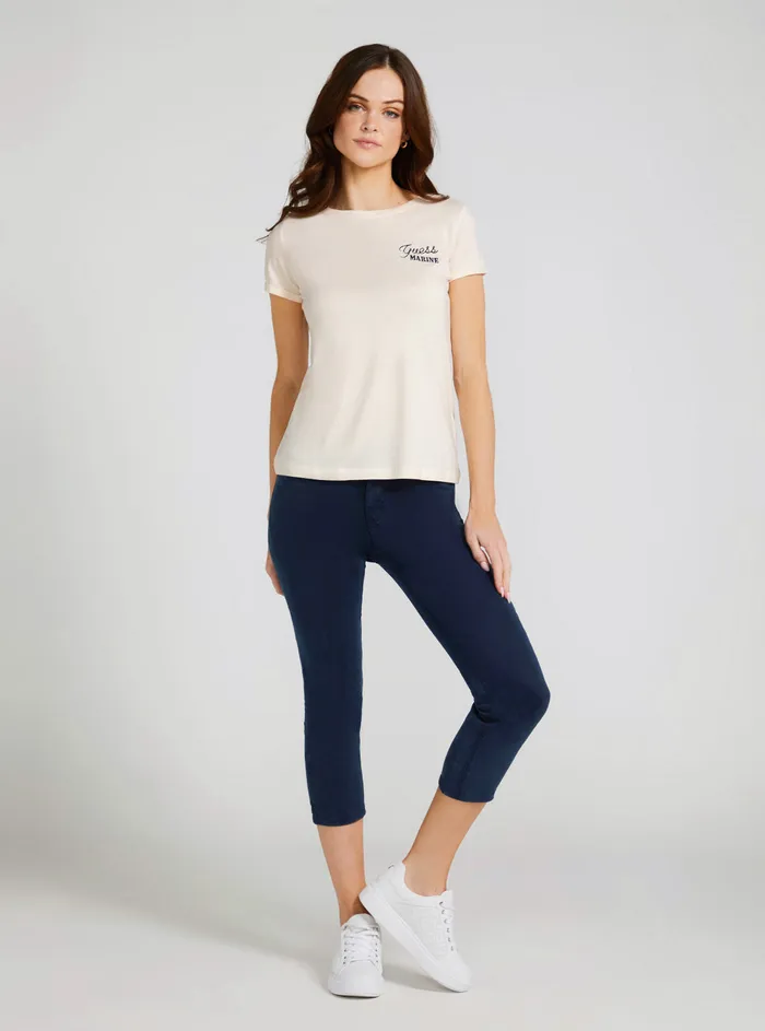 Women Tees and Tanks GUESS Eco Cream White Marine Logo Tshirt Women Tees and Tanks GUESS Eco Cream White Marine Logo Tshirt