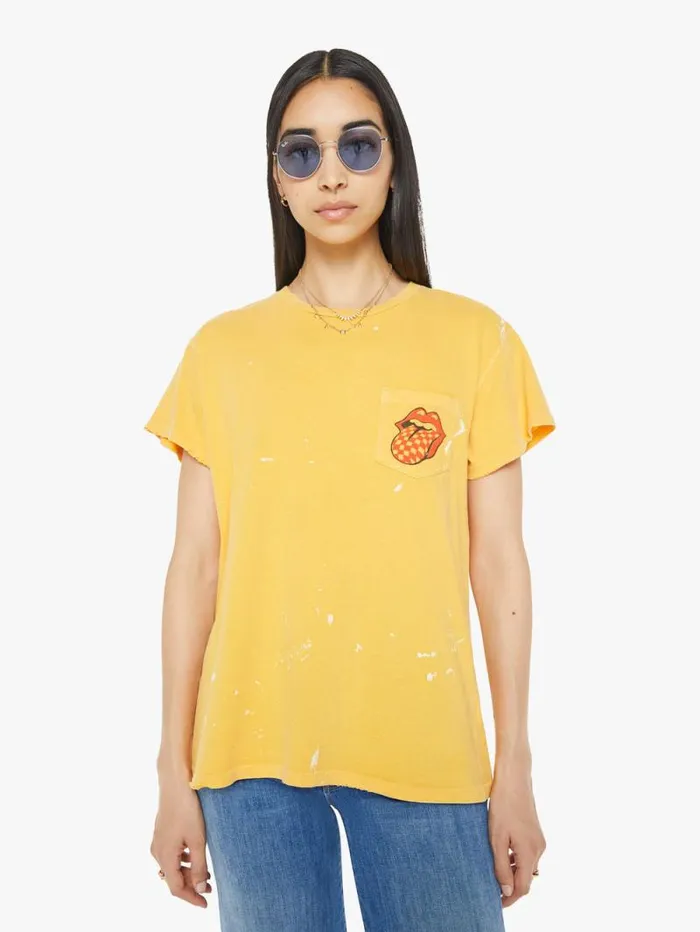 Women Tees Tanks Mother Denim Rolling Stones Pocket Tee Yellow gold