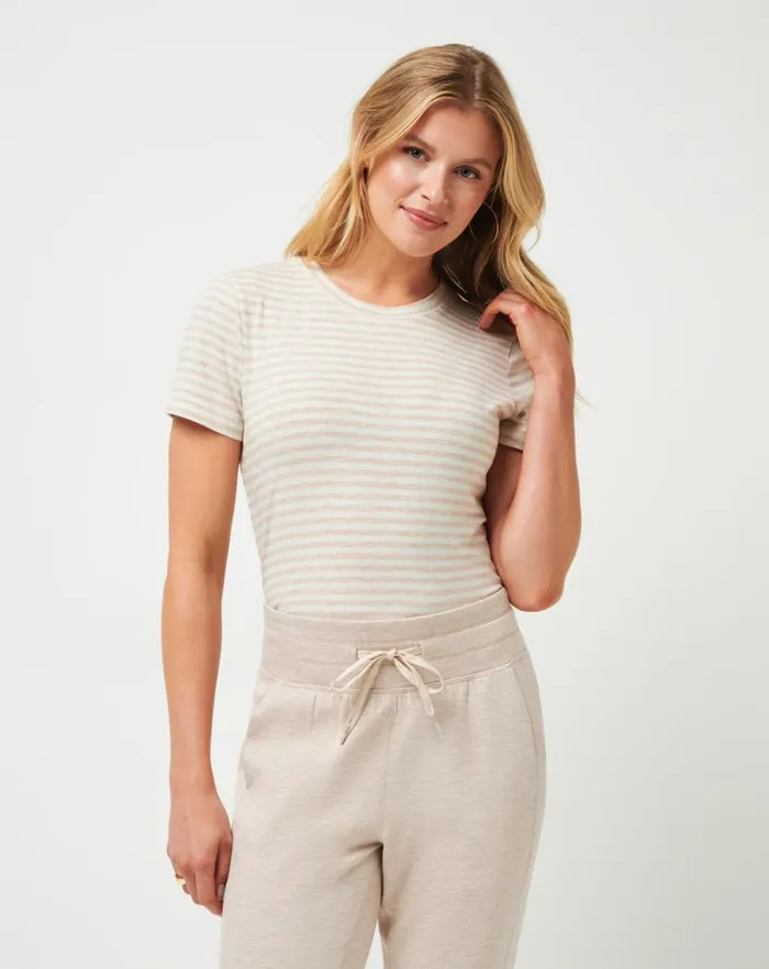 Women Tees TravisMathew CLOUD JERSEY TEE Heather Oxford Tan Stripe Women Tees TravisMathew CLOUD JERSEY TEE Heather Oxford Tan Stripe