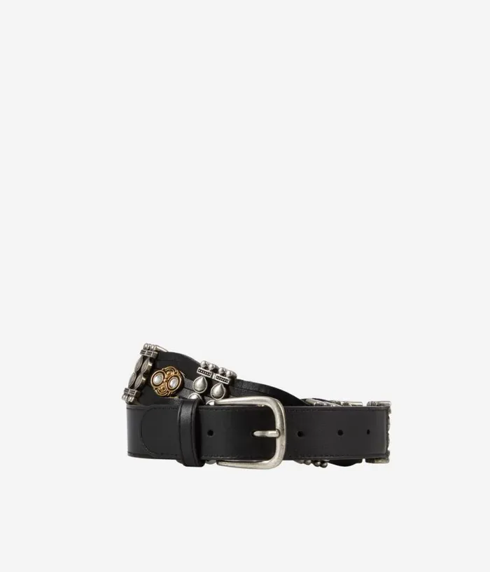 Women Thin Black Leather Belt With Embellishments THE KOOPLES Belts
