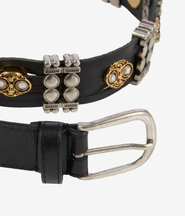 Women Thin Black Leather Belt With Embellishments THE KOOPLES Belts