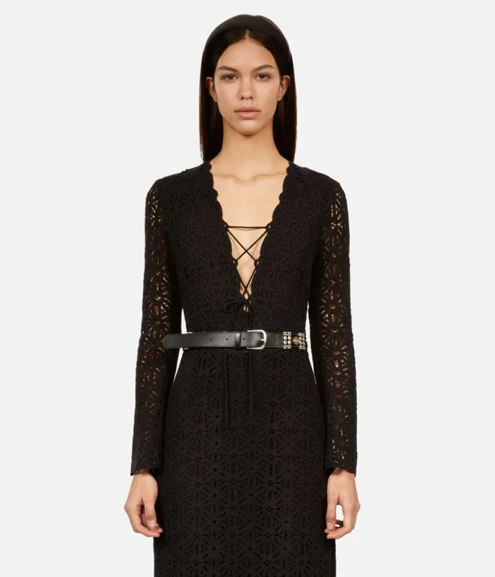 Women Thin Black Leather Belt With Embellishments THE KOOPLES Belts