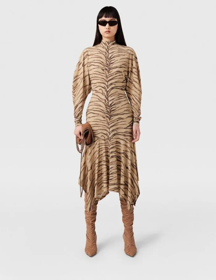 Women Tiger Print Puff Sleeve Midi Dress Natural Tiger Print Stella McCartney Dresses