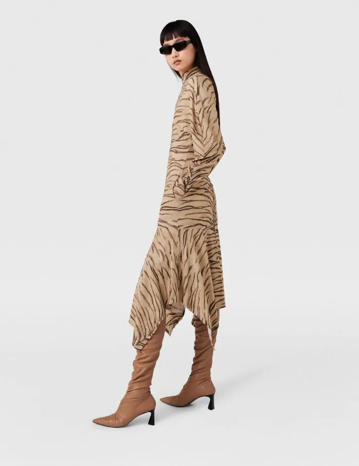 Women Tiger Print Puff Sleeve Midi Dress Natural Tiger Print Stella McCartney Dresses
