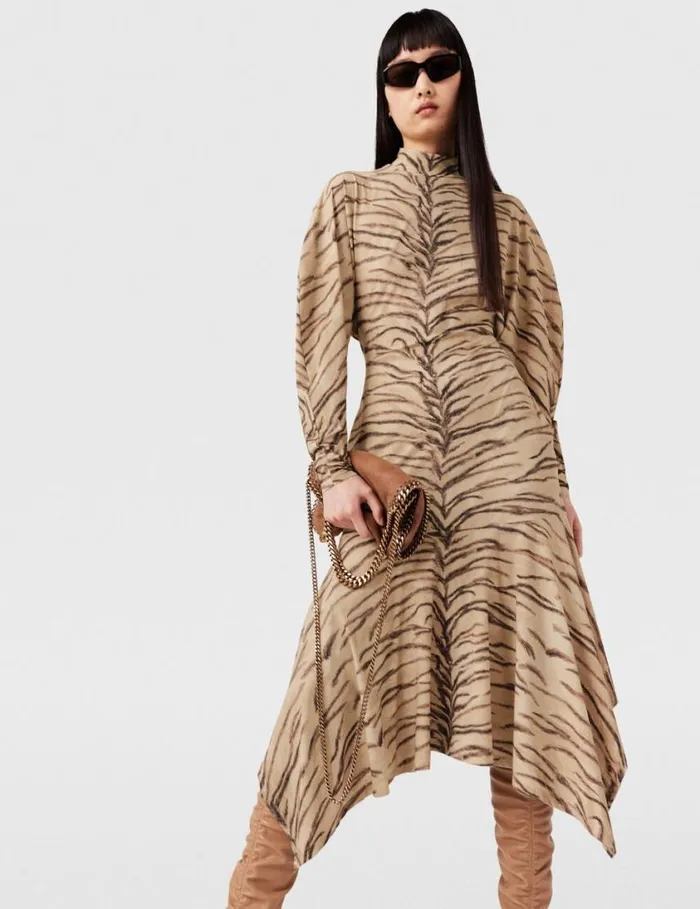 Women Tiger Print Puff Sleeve Midi Dress Natural Tiger Print Stella McCartney Dresses