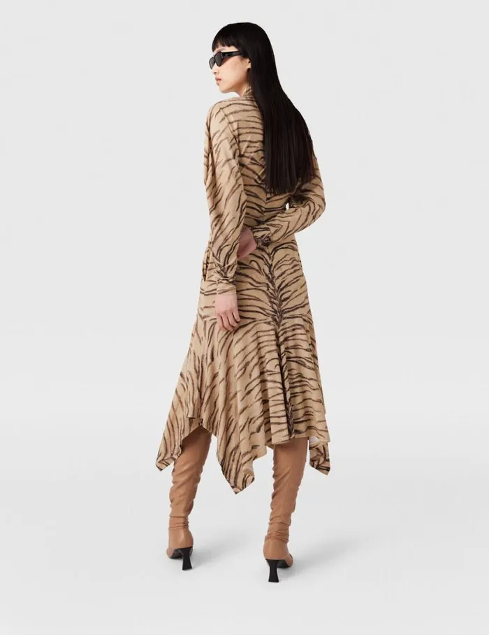 Women Tiger Print Puff Sleeve Midi Dress Natural Tiger Print Stella McCartney Dresses