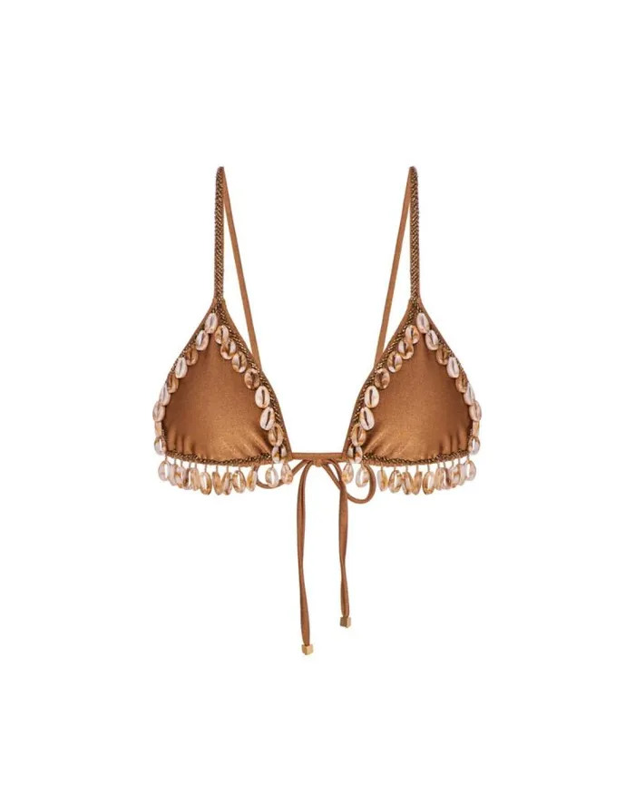 Women Tops and Bodysuits PatBO Beaded Seashell String Bikini Top FINAL SALE Almond