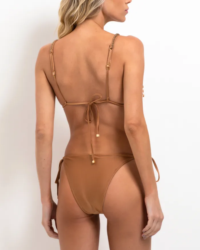 Women Tops and Bodysuits PatBO Beaded Seashell String Bikini Top FINAL SALE Almond