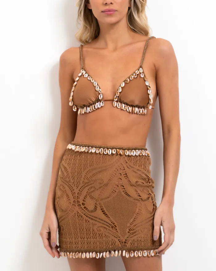 Women Tops and Bodysuits PatBO Beaded Seashell String Bikini Top FINAL SALE Almond