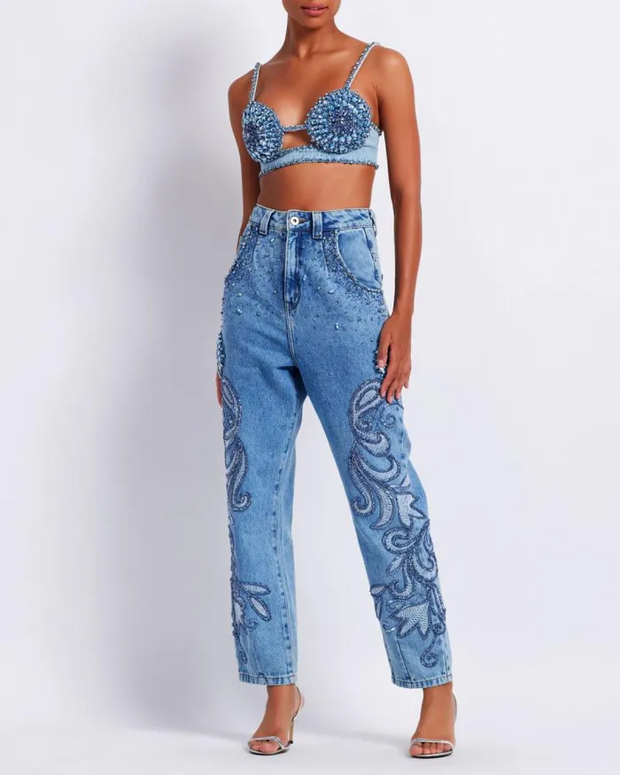Women Tops and Bodysuits PatBO HandBeaded Denim Bralette FINAL SALE Denim