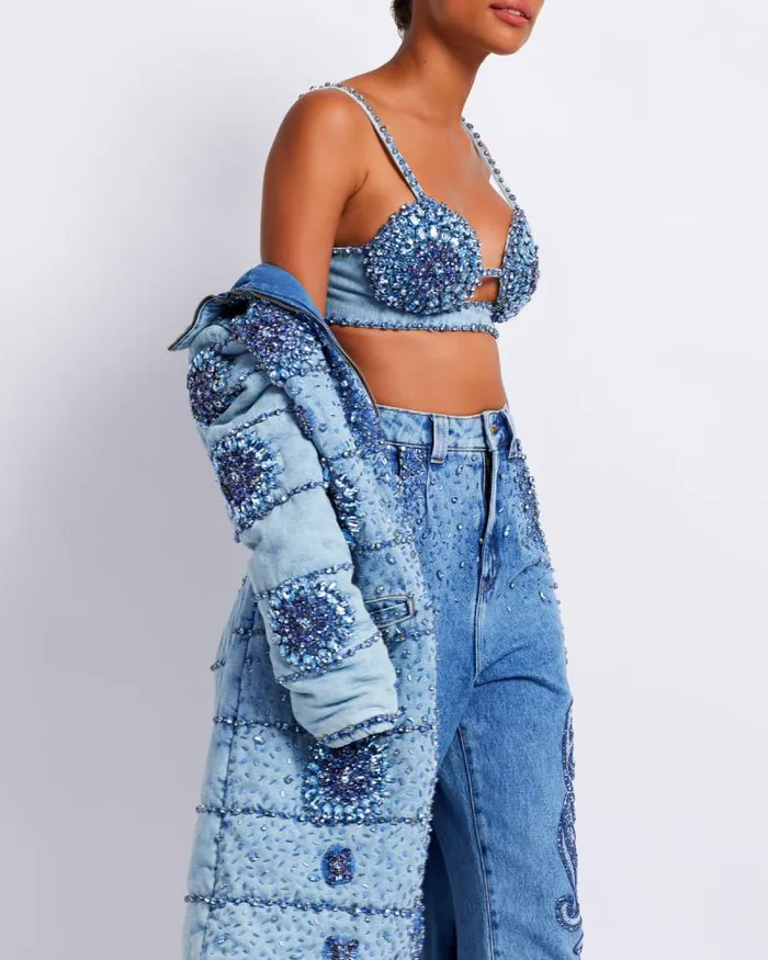 Women Tops and Bodysuits PatBO HandBeaded Denim Bralette FINAL SALE Denim