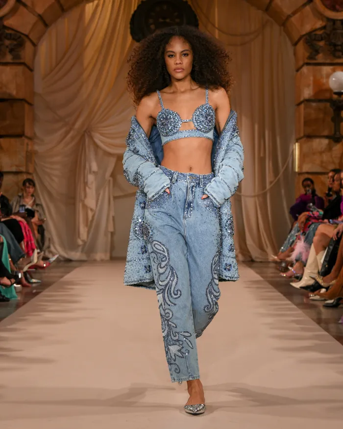 Women Tops and Bodysuits PatBO HandBeaded Denim Bralette FINAL SALE Denim