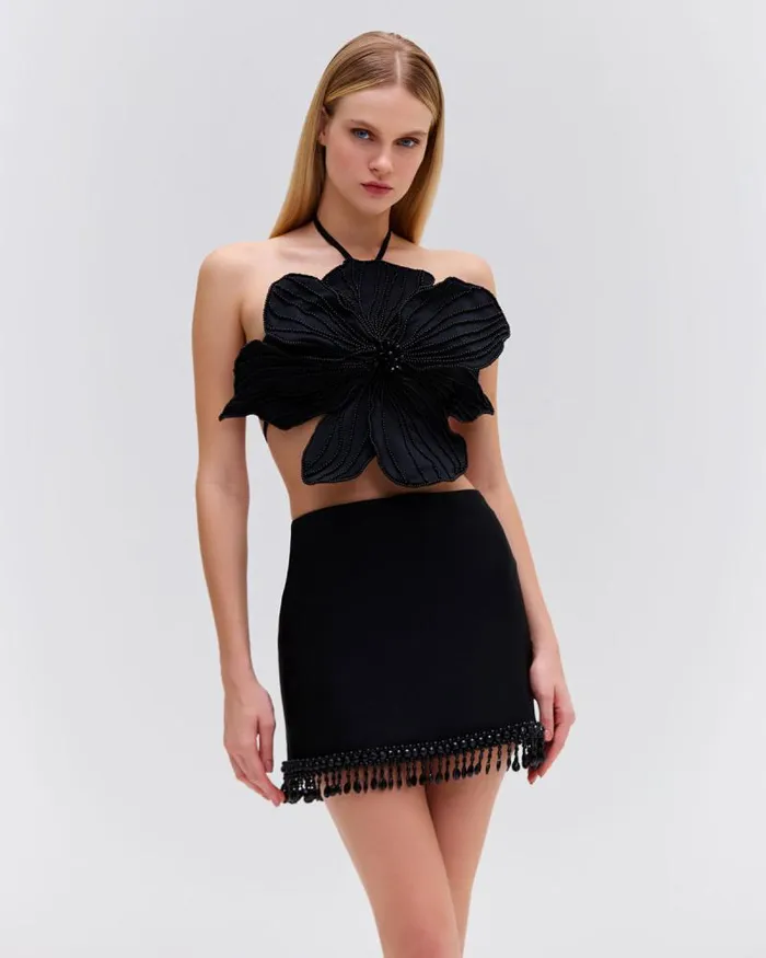 Women Tops and Bodysuits PatBO HANDBEADED FLOWER TOP EXCLUSIVE Black