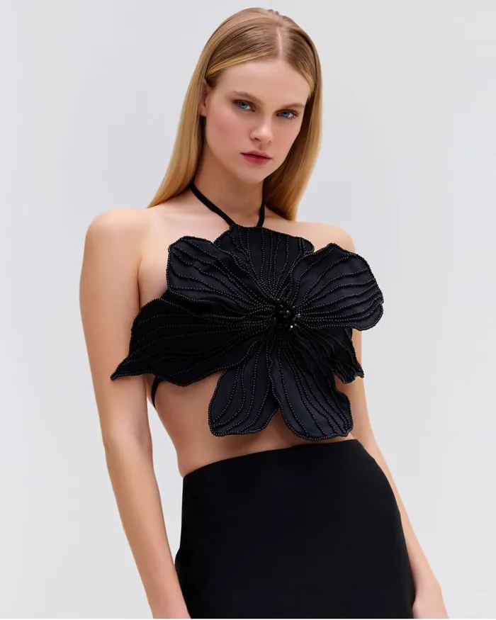Women Tops and Bodysuits PatBO HANDBEADED FLOWER TOP EXCLUSIVE Black