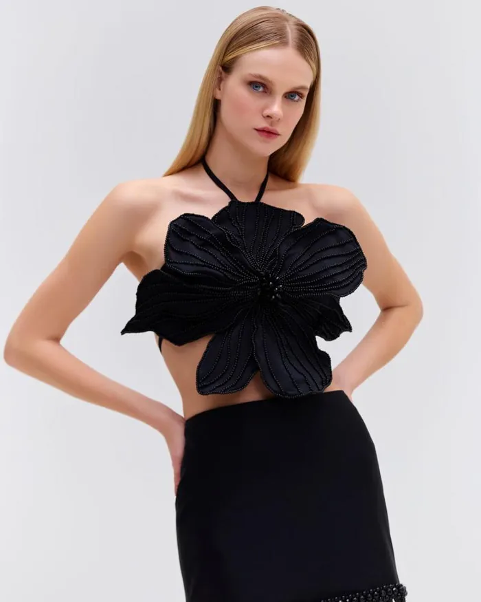 Women Tops and Bodysuits PatBO HANDBEADED FLOWER TOP EXCLUSIVE Black