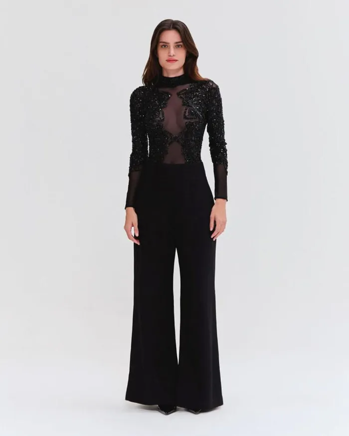Women Tops and Bodysuits PatBO HAND BEADED TULLE BODYSUIT EXCLUSIVE Black