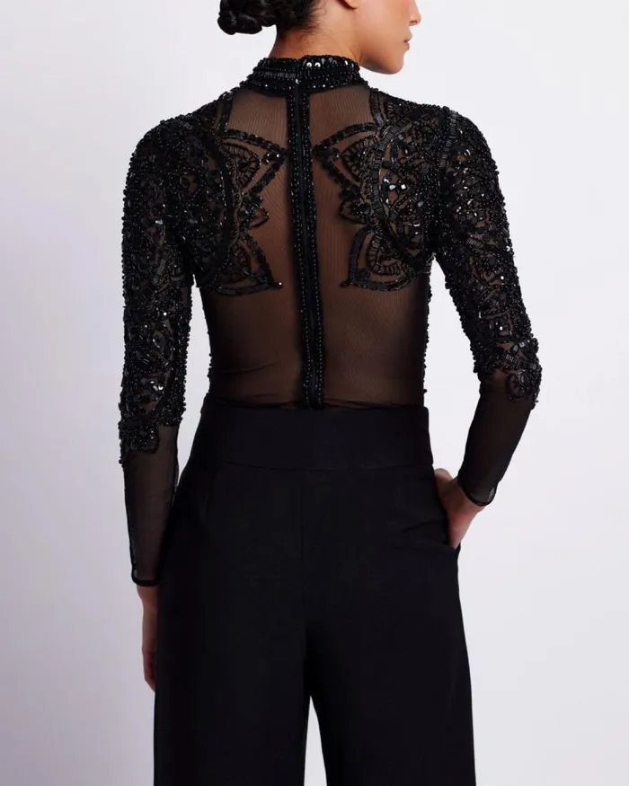 Women Tops and Bodysuits PatBO HAND BEADED TULLE BODYSUIT EXCLUSIVE Black