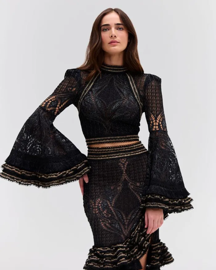 Women Tops and Bodysuits PatBO LACE AND FRINGE BELL SLEEVE TOP Black